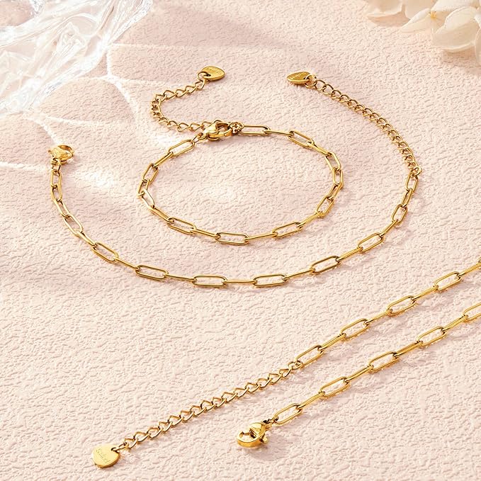 KYUNHOO 10 PCS 6.3 Inches Stainless Steel Paperclip Bracelet Chains Bulk Gold Plated 3MM Wide Paper Clip Chain for Jewelry Making with Extender