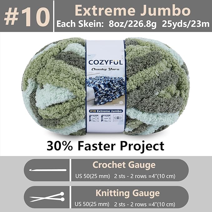 Chunky Yarn for Hand Knitting - #10 Chunky Chenille Blanket Yarn, Jumbo Big Thick Chunky Yarns for Crocheting, Tie Dye Bulky Knit Yarns, 8 Skein (25 yds 8 oz Each Skein), Forest & Sage & Mint