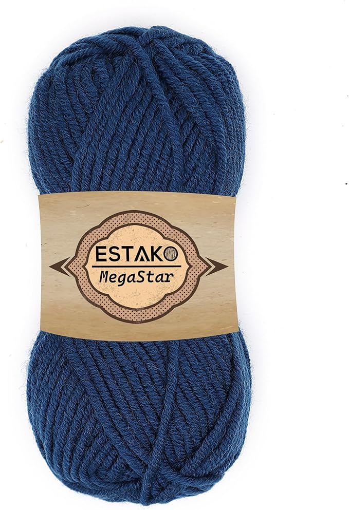 Estako Megastar, 75% Acrylic 25% Wool Yarn, Soft, Chunky Bulky Weight #5 for Crochet and Knitting 3.52 Oz (100g) / 120 Yrds (110m) (65095 - Navy)
