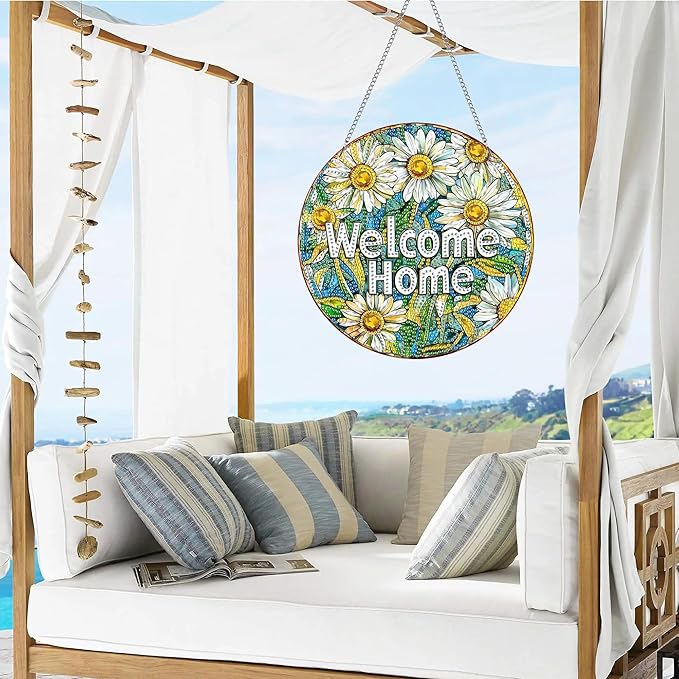 VAIIEYO Welcome Diamond Art Hanging Ornament, Chrysanthemum Diamond Painting Suncatchers Window Hanging Kit with Chain, 7.5x7.5 inch Crystal Pendant Art Craft for Gift Home Wall Front Door Decoration