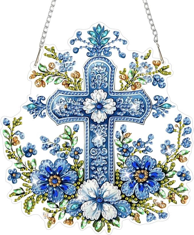 NAIMOER Cross Flowers Diamond Art Hanging Kits for Adults, 5D Special Shaped Rhinestone, DIY Acrylic Spring Diamond Art Painting Window Pendants Home Garden Wall Hanging Ornament Kits, Double Sided