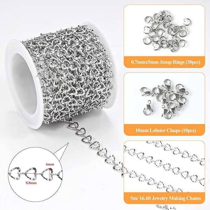 YOUBEIYEE 16.4 Feet Stainless Steel Silver Chain for Jewelry Making Heart Link Chain for Women Necklace DIY Chains Bulk