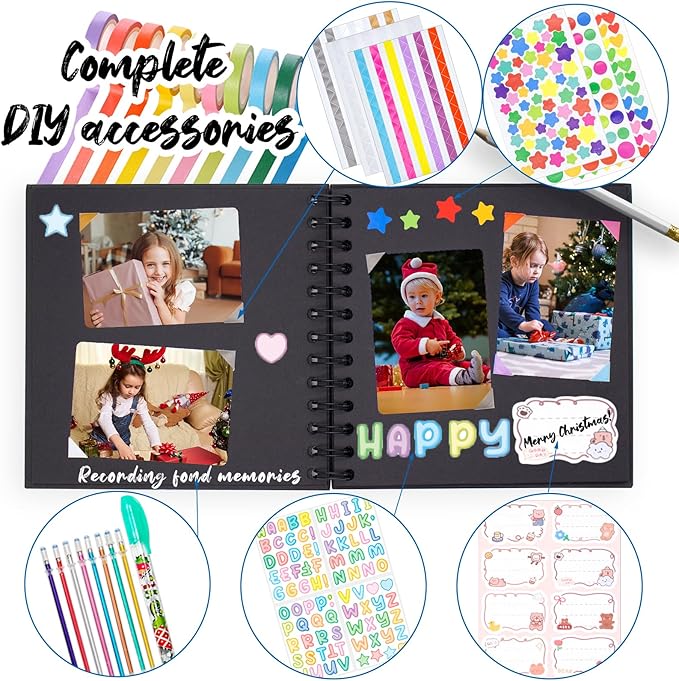 Kid Scrapbook Photo Album Hard Cover DIY Photo Album for Kids Instant Camera Print Paper with DIY Accessories (Black)