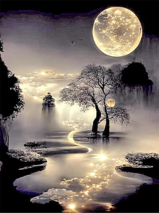 mrpwnle Diamond Painting Kits for Adults Beginners,Moon Diamond Art Kits for Adults,5D Moonlight Landscape Diamond Painting Kits DIY Diamond Art Dots Crafts Kits,Home Wall Decor Gifts 12x16in