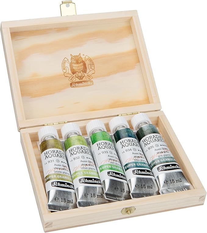 Schmincke - HORADAM® AQUARELL, Super- Granulation Set Shire, 5 x 15 ml tubes, 74 867 097, wooden box, very strong granulating colors, finest, supergranulating watercolors