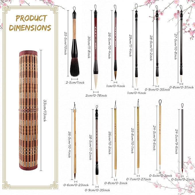 Marspark 12 Pieces Chinese Calligraphy Brushes Painting Writing Watercolor Ink Brushes Set for Kanji Japanese Sumi Drawing with Roll-up Holder