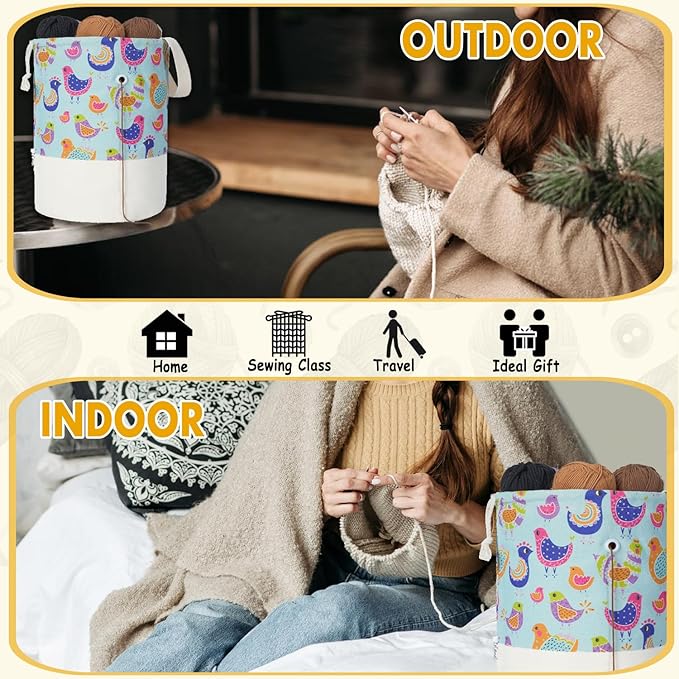 Yarn Bag, Small Crochet Bag Organizer, Drawstring Yarn Storage Knitting Bags, Portable Mini Yarn Holder for Crocheting Project, Store Skein Ball, Needles Accessories (Colorful Birds, Large)