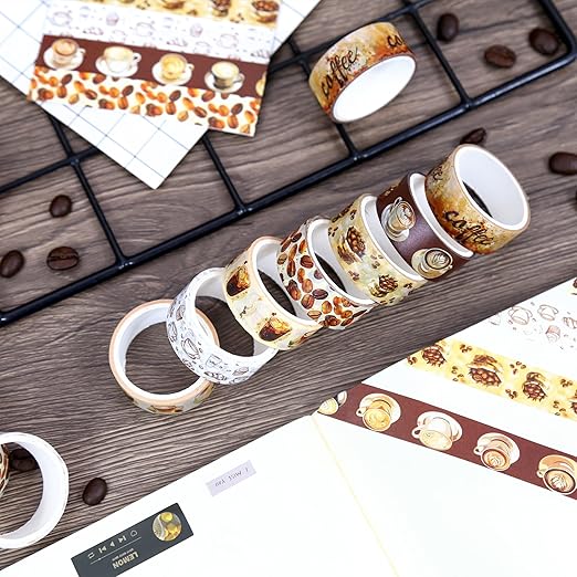 12 Rolls Washi Tape Set,6 Design Coffee Themed Decorative Tape Vintage Watercolor Brown Cafe Masking Tape for Journaling Supplies, Junk Journal, Scrapbooking, DIY Arts & Crafts, Gift Wrapping