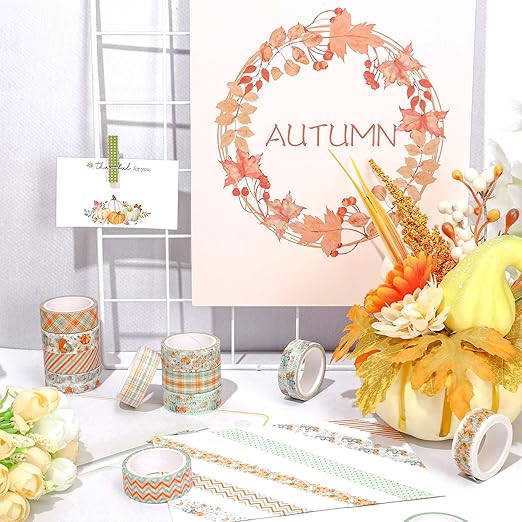 Whaline 12 Rolls Fall Washi Tape Autumn Pumpkin Plaid Truck Washi Tape Cyan Orange Harvest Decorative Masking Tape for Thanksgiving Scrapbook Journal DIY Art Craft Gift Wrapping Supplies