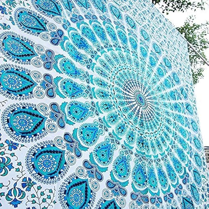 bless international handmade indian hippie bohemian psychedelic peacock mandala wall hanging college dorm beach throws table cloth bedding tapestry (peacock sky blue, queen(84x90inches)(215x230cms))