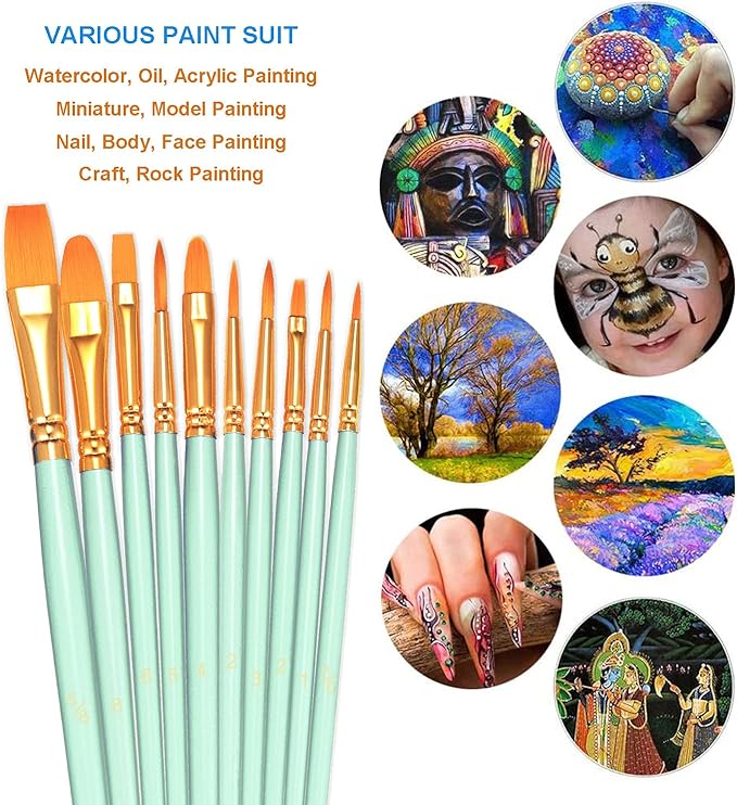 BOSOBO Paint Brushes Set, 2 Pack 20 Pcs Round Pointed Tip Paintbrushes Nylon Hair Artist Acrylic Paint Brushes for Acrylic Oil Watercolor, Face Nail Art, Miniature Detailing & Rock Painting, Green