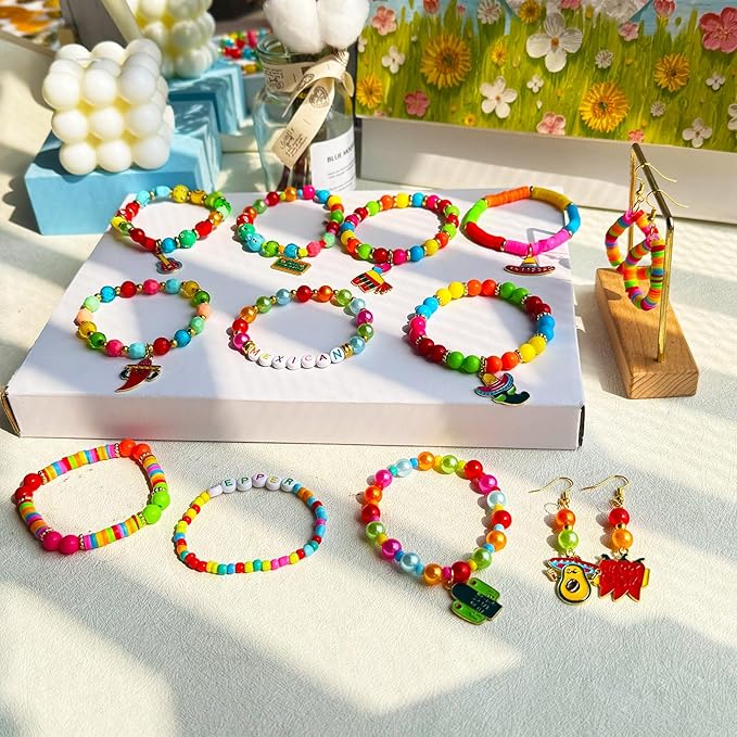 2200PCS+ Cinco De Mayo Fiesta Beads Mexican Beads for Bracelets Jewelry Making Kit, Colorful Polymer Clay Beads Assorted Pearl Crystal Acrylic Star Beads with Sombrero Chili Cactus Fiesta Charms
