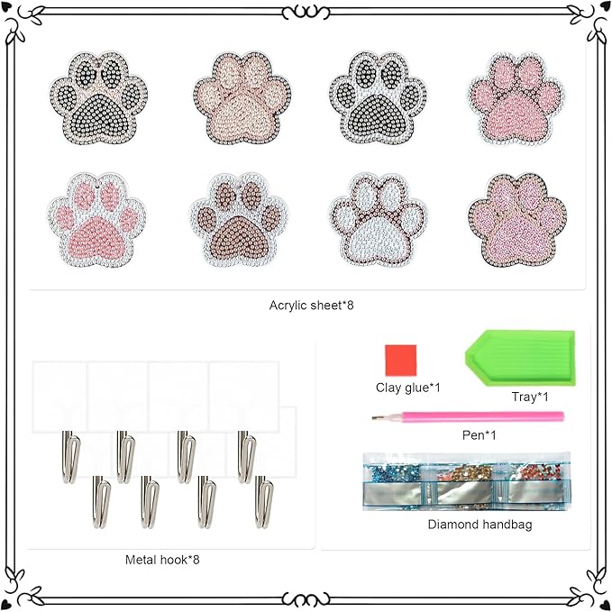 antor 8 Pack Pet Paw Diamond Painting Hooks – DIY Rhinestone Art Wall Hangers, Cute Animal Paw Design Adhesive Hooks for Keys, Towels, Bags, Home Entryway Kitchen Bathroom Decor