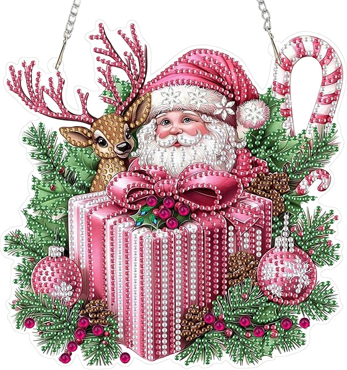 RICUVED Hanging Diamond Art Kit for Adults, Christmas Special Shaped Crystal Gem Craft Pink Diamond Painting Pendant Kit for Beginners, Deer DIY Hanging Acrylic Art Ornament for Home Garden Decor