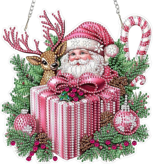 RICUVED Hanging Diamond Art Kit for Adults, Christmas Special Shaped Crystal Gem Craft Pink Diamond Painting Pendant Kit for Beginners, Deer DIY Hanging Acrylic Art Ornament for Home Garden Decor