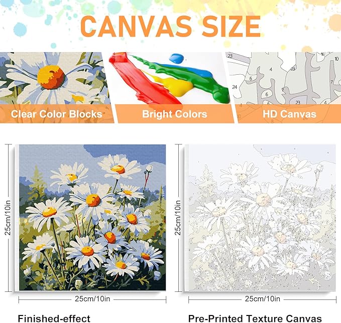 Framed Paint by Numbers Kit for Adults Beginners & Kids Ages 8-12, Daisy Flowers Acrylic Easy Paint by Number with Frame, Watercolor Paint by Number Kits on Canvas Framed (10 * 10 Inch, without Easel)