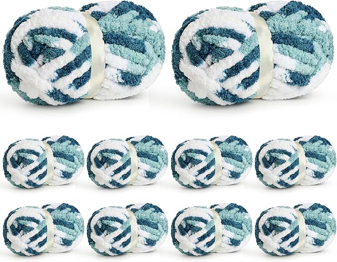 10 Pack Jumbo Chunky Yarn for Hand Knitting, Fluffy Chunky Chenille Yarn for Crocheting, Variegated Chunky Knit Baby Blanket Yarn, 240 yds /70.5 oz Super Bulky Yarn(Fresh Blue)