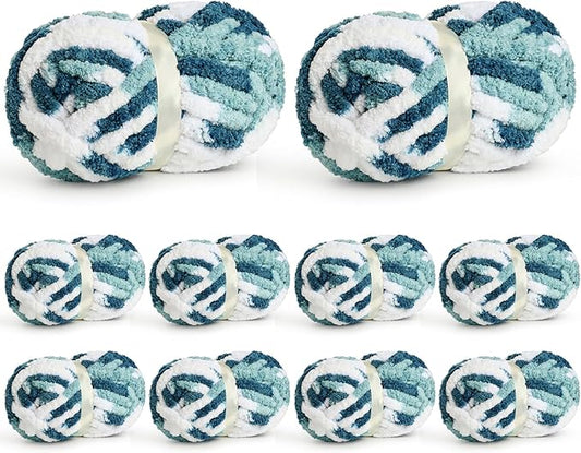 10 Pack Jumbo Chunky Yarn for Hand Knitting, Fluffy Chunky Chenille Yarn for Crocheting, Variegated Chunky Knit Baby Blanket Yarn, 240 yds /70.5 oz Super Bulky Yarn(Fresh Blue)
