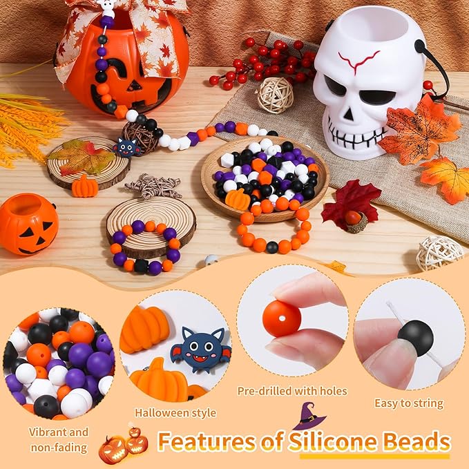 145 PCS Halloween Silicone Beads Kit - Round Loose Beads with Pumpkin Skull, Ghost, Bat & Polygonal Pastel Shapes for Home Decor, Crafts & Jewelry Making