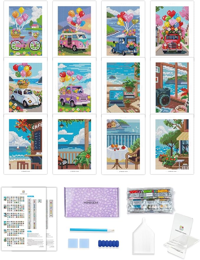 Foreveryoung Minigem Small Diamond Art Kits for Beginners, 12Pcs Resin Square Drill Diamond Painting Kits for Adults, 2-Hour Postcard-Style Mini Diamond Art 5x7 Inch – 2 Sets: Sea Echo & Dream Journey