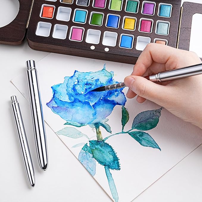 Squirrel Hair Travel Watercolor Brushes, Fuumuui 3pcs Natural Soft Squirrel Mop Round Fine Tip Quill Watercolor Travel Brushes with Leather Pouch for Watercolor Gouache Ink Painting