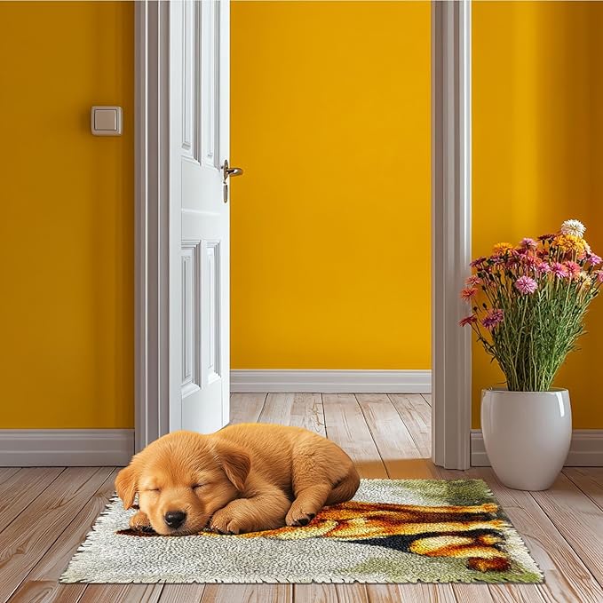 Latch Hook Rug Kit Cute German Shepherd Dog Pre-Printed Handmade Carpet Crochet Yarn Craft DIY Hook and Latch Door Mat Tapestry for Home Floor Decoration 52x38cm-1