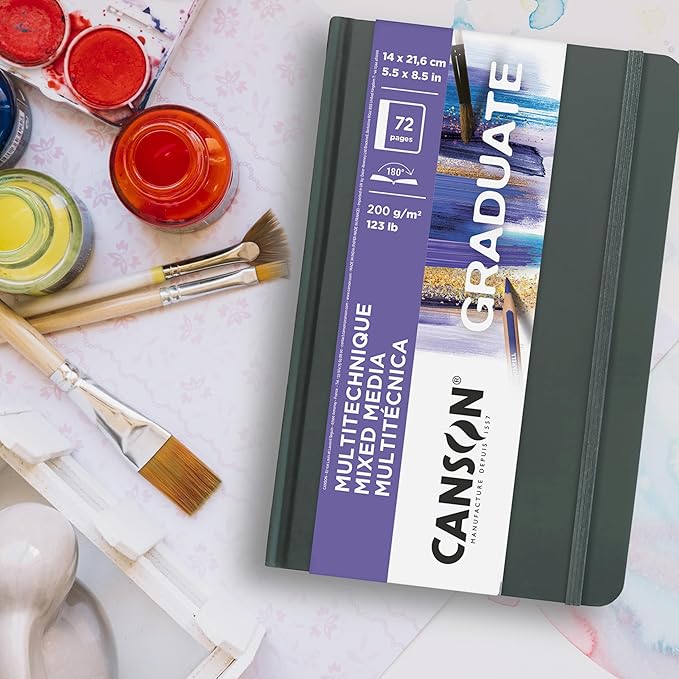 Canson Graduate Mixed Media Paper, Hard Cover Art Journal, 8.5x5.5 inches, 36 Sheets — Artist Paper for Collage, Watercolor, Ink, Pencil, Marker