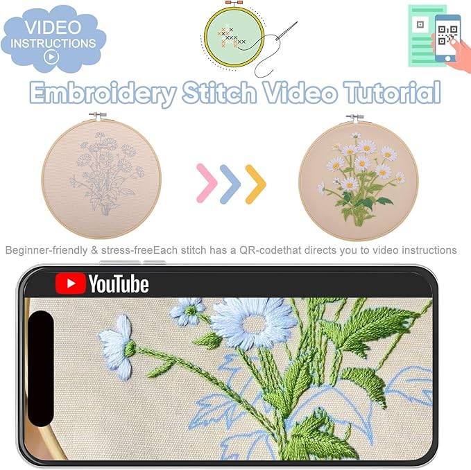 Shyshining Embroidery kit for Adults Beginners,4 Stitch Patterns with 3 Bamboo Hoops & 3 Hoop Stands,Cross Stitch Kits for Adults,Needlepoint Kits,Hand Craft,Step by Step Instructions & Video