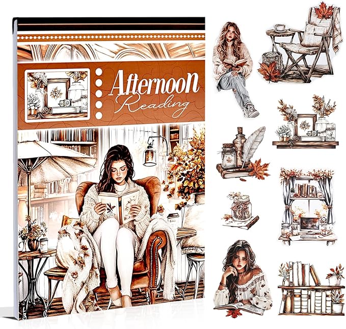 Afternoon Reading Sticker Book for Adults Journaling, 20 Diecut PET Washi Paper Scrapbook Stickers Sheets, Ephemera for Junk Journals Supplies, Scrapbooking, Collage, Bujo, A5