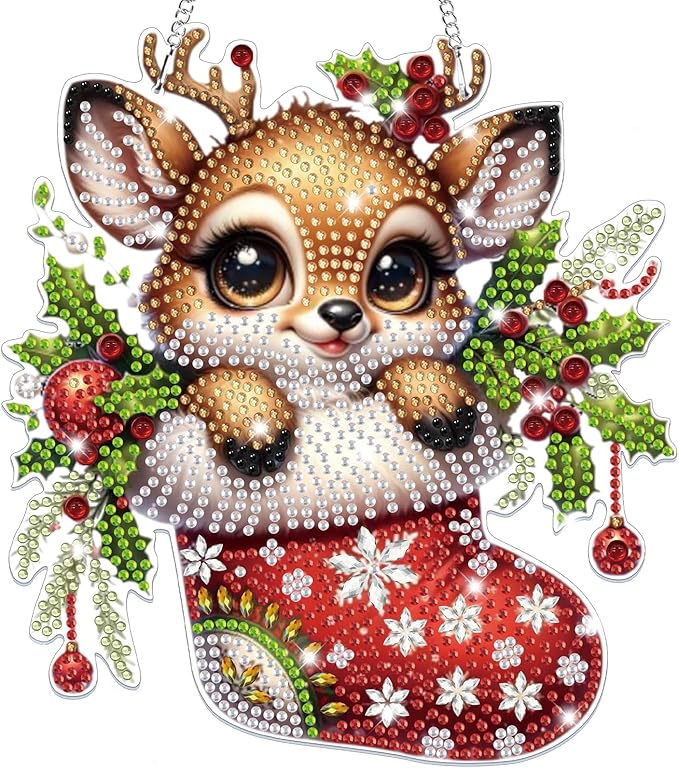 Bowetile Christmas Diamond Art Hanging Kits for Adults, 5D Special Shape Diamond Painting Kits Deer, Crystal Gem Painting Arts and Crafts for Christmas Gifts for Home Garden Decor