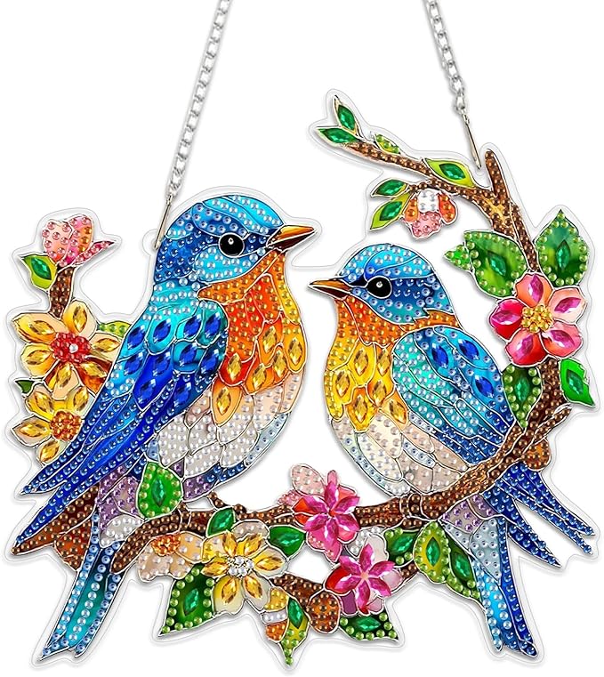 MEIYUDA Bird Diamond Art Hanging Kits for Adult, Glass Flowers Bird Diamond Painting Hanging Kits Ornaments, DIY Special Shaped Rhinestone Window Pendants kit for Home Garden Wall Decor Gift