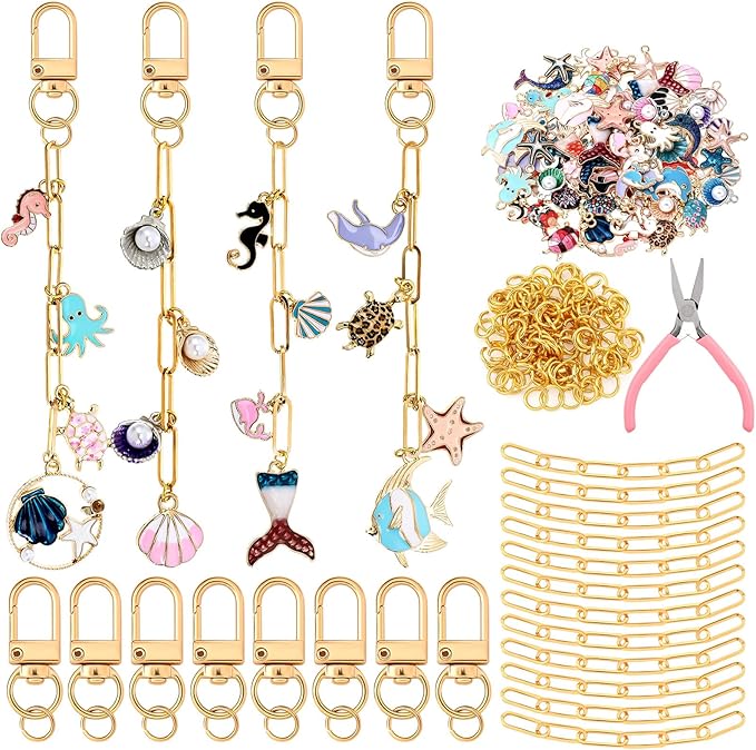 Tondiamo 266 Pieces Ocean Keychain Making Kit Seashell Summer Beach DIY Charm Jewelry Chain Making Crafts with 120 Charms 20 Keychain Clip 120 Jump Rings 25 Extender Chain Plier for Women Gift