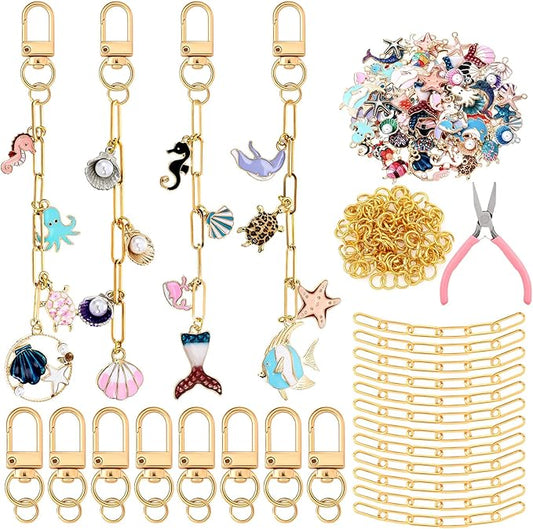 Tondiamo 266 Pieces Ocean Keychain Making Kit Seashell Summer Beach DIY Charm Jewelry Chain Making Crafts with 120 Charms 20 Keychain Clip 120 Jump Rings 25 Extender Chain Plier for Women Gift