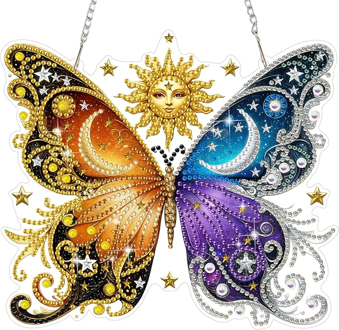 MEIYUDA Butterfly Diamond Art Hanging Kits for Adult, Butterfly Sun Moon Diamond Painting Hanging Kits Ornaments, DIY Special Shaped Rhinestone Window Pendants kit for Home Garden Wall Decor Gift