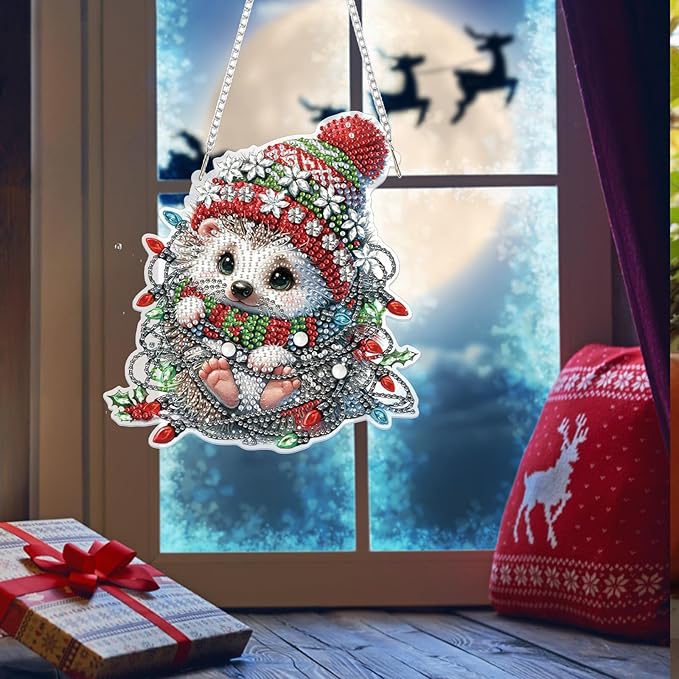 Bowetile Christmas Diamond Art Hanging Kits for Adults, Hedgehog Diamond Art Suncatchers, 5D Special Shape Diamond Painting Pendant Window Ornament Christmas Gifts for Home Door Wall Decor