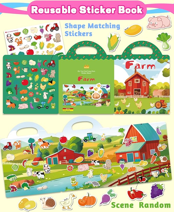 walenced reusable sticker book for toddlers, stickers for kids, toddler craft activities, toddler travel toys ages 3 and up boy girl birthday gifts