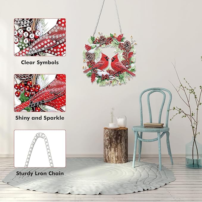 Miwixy Christmas Hanging Diamond Art Kits for Adults,Cardinal Special Shaped Crystal Birds Diamond Painting Ornament Kit DIY Double-Sided Pattern Window Pendant Gem Art Kit for Home Wall Decor