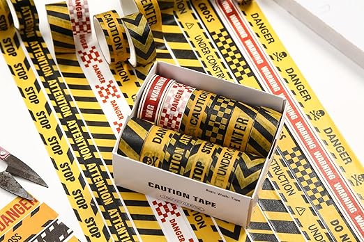 12 Rolls Warning Washi Tape Set Hazard & Caution Pattern Adhesive Tapes Police Line & Industrial Style Decorative Masking Tape for Craft, Scrapbook, DIY, Gift Wrapping (Industrial Caution)