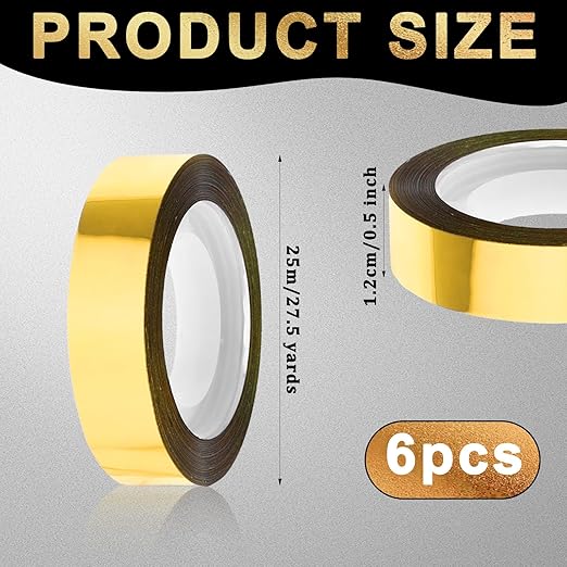 6 Rolls Gold Tape, 1/2 Inch Decorative Tape Self Adhesive Gold Mirror Tape Metallic Tape DIY Gold Graphic Art Tape Film Tape Gold Strips for Wall Decor TV Frame Crafts Decoration and Gift Box Wrapping