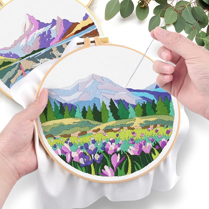 ERKOON Embroidery Kit for Beginners, 5 Sets Flower Cross Stitch Set for Adults Include Embroidery Cloth Hoops Threads for Craft Lover Hand Stitch with Skill Techniques (Landscape)