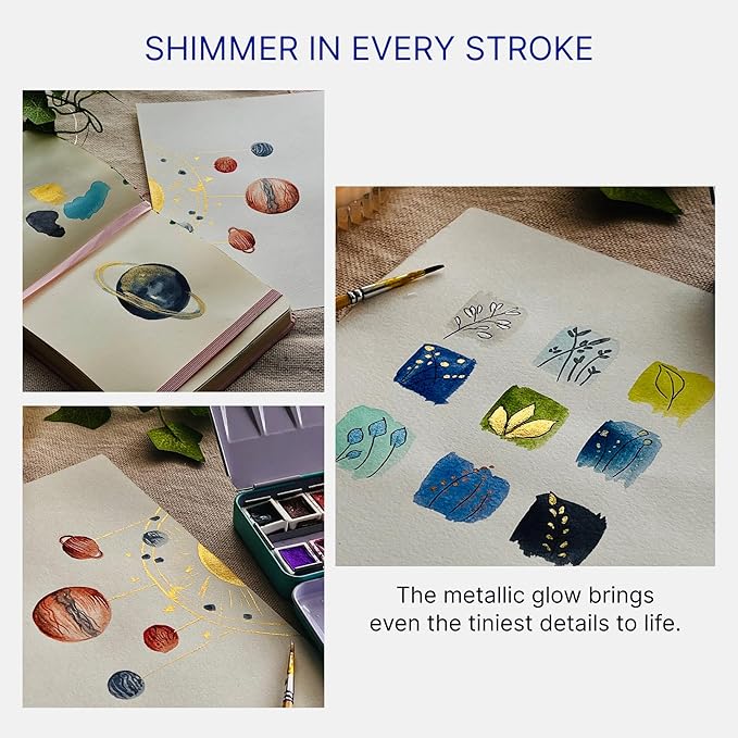 Metallic Watercolor Paint Set 24 Colors Half-Pans in Tin Box with Water Brush, High Pigment Multi-Effect Metallics, Works on Light & Dark Paper, Non-Toxic