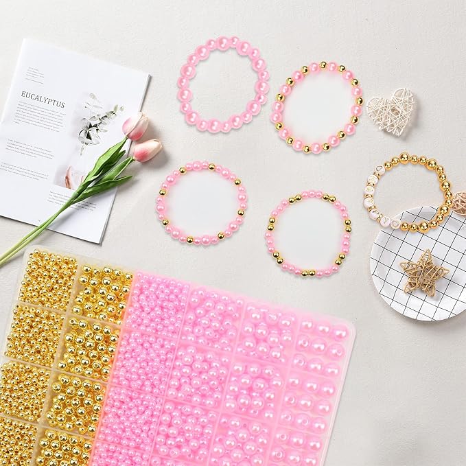 2116PCS Beads for Bracelets Pink Pearl Bracelet Making Kit Bracelet Kits Bracelet Bead Kits Small Pearl Beads and Gold Bead Beading Kit for Bracelets Jewelry Making Kit for Adult