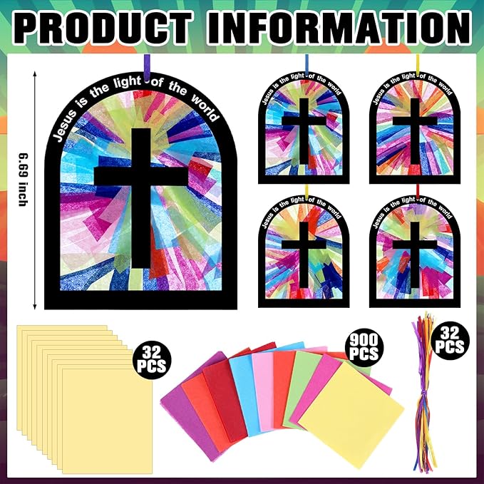 Motipuns 32 Sets 2026 Illumination Station Vbs Crafts, Religious Easter Christian Tissue Paper Stained Glass Kit for Adults, Jesus is the Light of the World DIY Window Art for Sunday School Decor