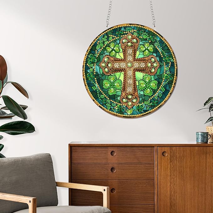 Reofrey Hanging Diamond Art Kits for Adults - 8x8 Inch Cross Acrylic Board Double Sided Pattern Diamond Painting Suncatcher Pendant, DIY Crystal Art for Home Wall or Window Decoration Handmade Gift