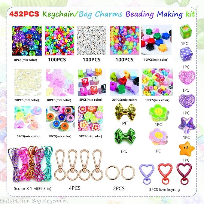 BOAJUNWU 452PCS Beaded Keychain Making Kit for Women,Bead Jewelry Making Kit Bag Charms DIY Key Chain Beads Supplies Crafts Valentine Day Gift