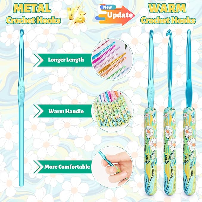 Coopay Warm Crochet Hooks Comfort Grip, Blue Flower Art Handle for Beginners, Longer Aluminum Shaft Crochet Hook Set 2.0mm-6.0mm(B-J), Smooth Needles Set for Crocheting