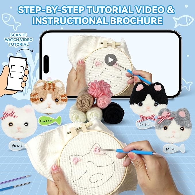 Punch Needle kit Adults for Beginners-4,Embroidery kit for Beginners, Includes All Tools and Materials,Easy to Follow Instructions and Videos-Cat Family