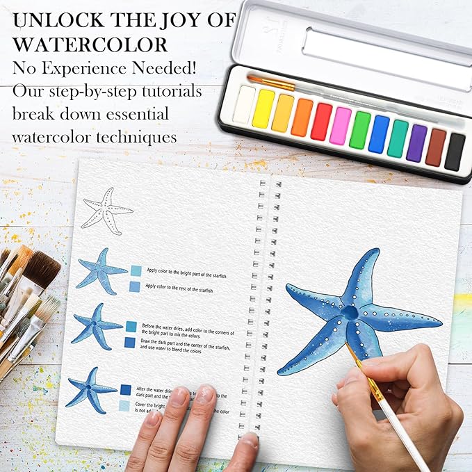 Watercolor Workbook, Watercolor Workbook Paint Book Beginner Friendly with 12 Patterns, Beginner-Friendly Watercolor Workbooks with 12 Paint Colors & Brush, Water Color Paint Set Valentine's Day Gift