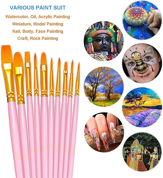 BOSOBO Paint Brushes Set, 2 Pack 20 Pcs Round Pointed Tip Nylon Hair Artist Acrylic Paint Brushes for Acrylic Oil Watercolor, Face Nail Art, Miniature Detailing & Rock Painting, Pink
