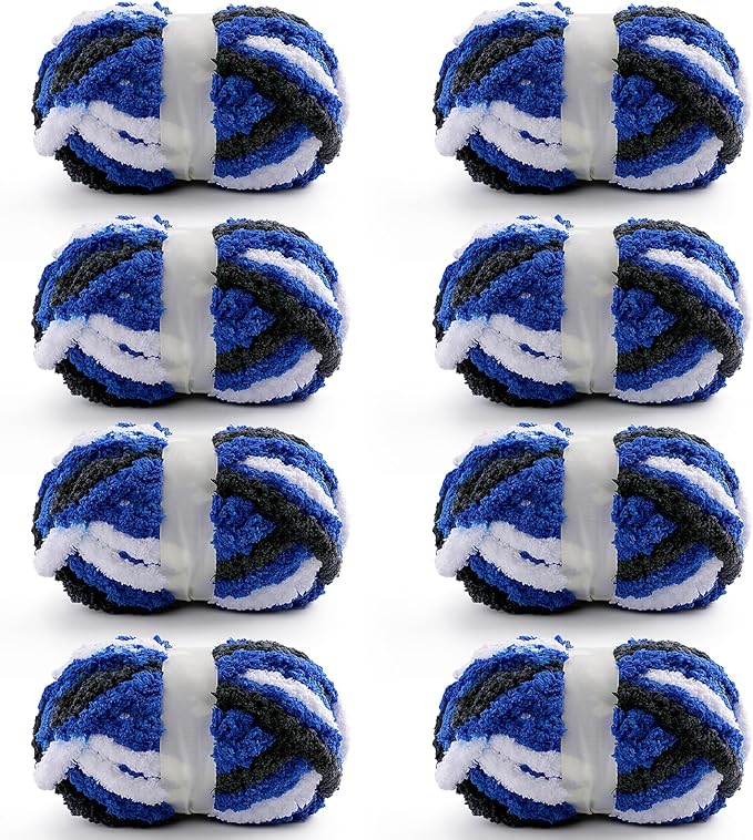 8 Pack Chunky Yarn for Crocheting, Blanket Thick Chenille for Hand Knitting, Soft Chunky for Crochet - 28 Yds 7.7 Oz Each Skein (Black and White Blue)